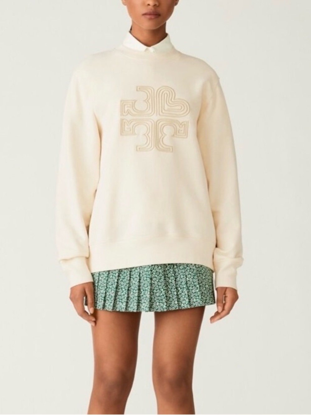 Tory Burch Sport Ivory Pearl Heavy French Terry Heart Logo Pullover Medium